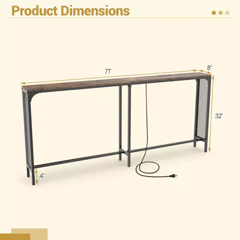 Costway 71'' Console Table w/Power Outlet Metal Frame for Hallway Foyer Living Room Rustic Brown & Black