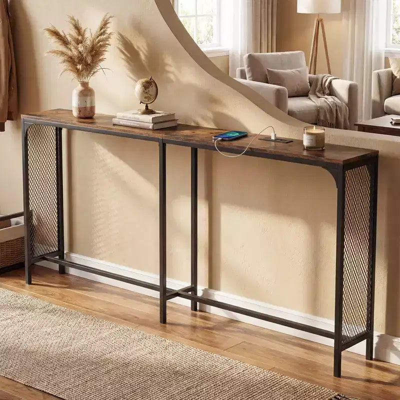 Costway 71'' Console Table w/Power Outlet Metal Frame for Hallway Foyer Living Room Rustic Brown & Black