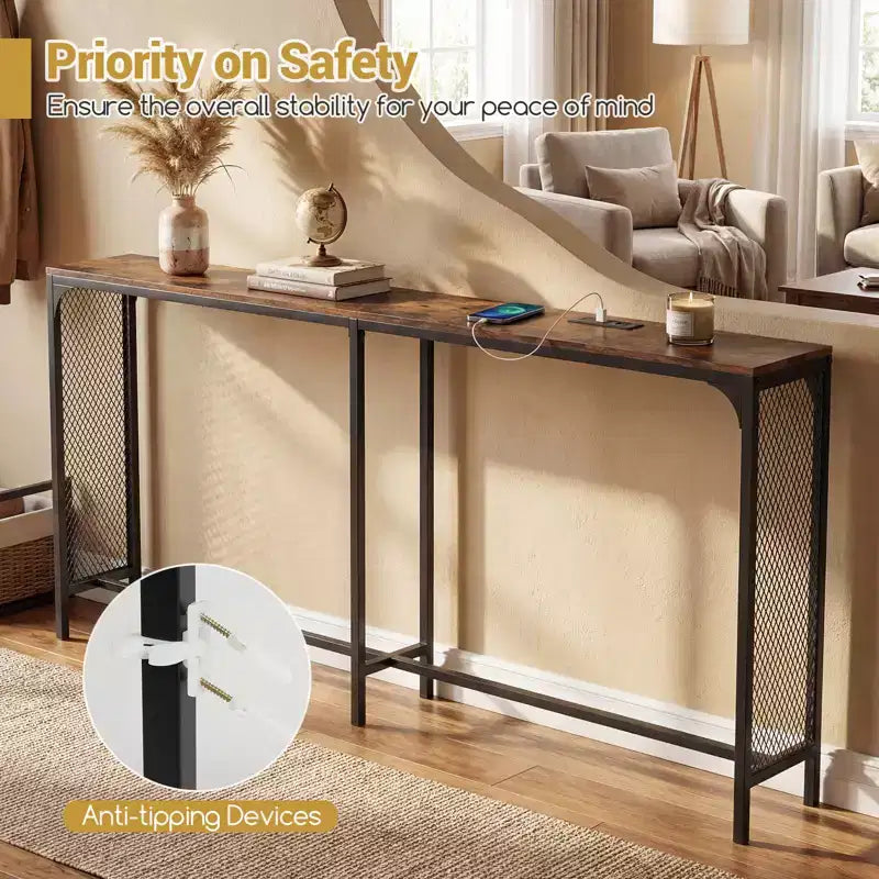 Costway 71'' Console Table w/Power Outlet Metal Frame for Hallway Foyer Living Room Rustic Brown & Black
