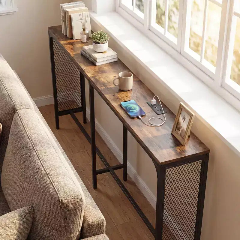 Costway 71'' Console Table w/Power Outlet Metal Frame for Hallway Foyer Living Room Rustic Brown & Black