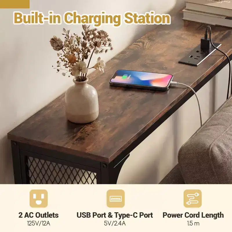 Costway 71'' Console Table w/Power Outlet Metal Frame for Hallway Foyer Living Room Rustic Brown & Black