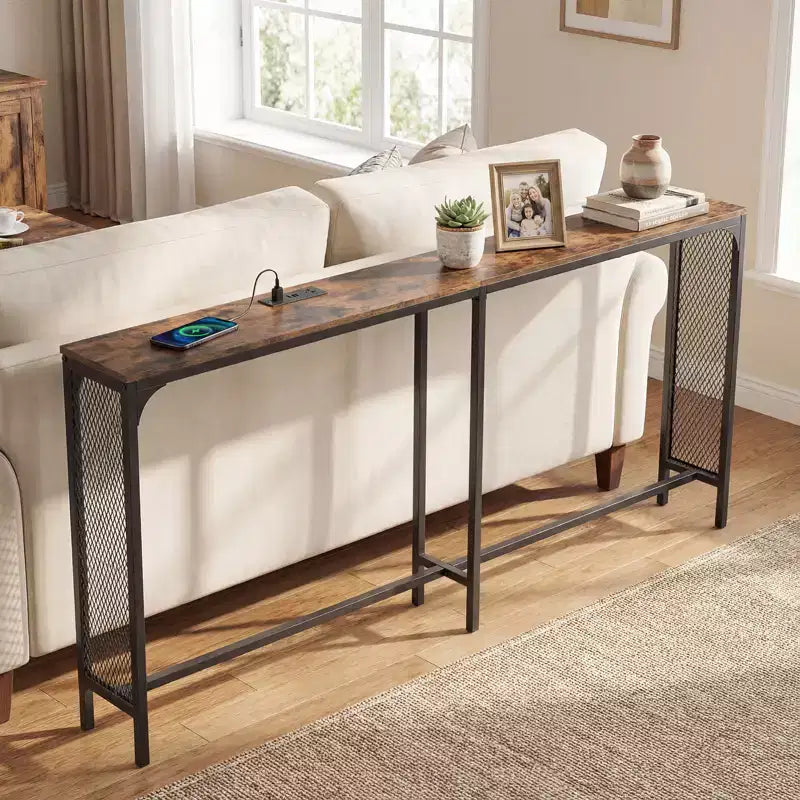 Costway 71'' Console Table w/Power Outlet Metal Frame for Hallway Foyer Living Room Rustic Brown & Black