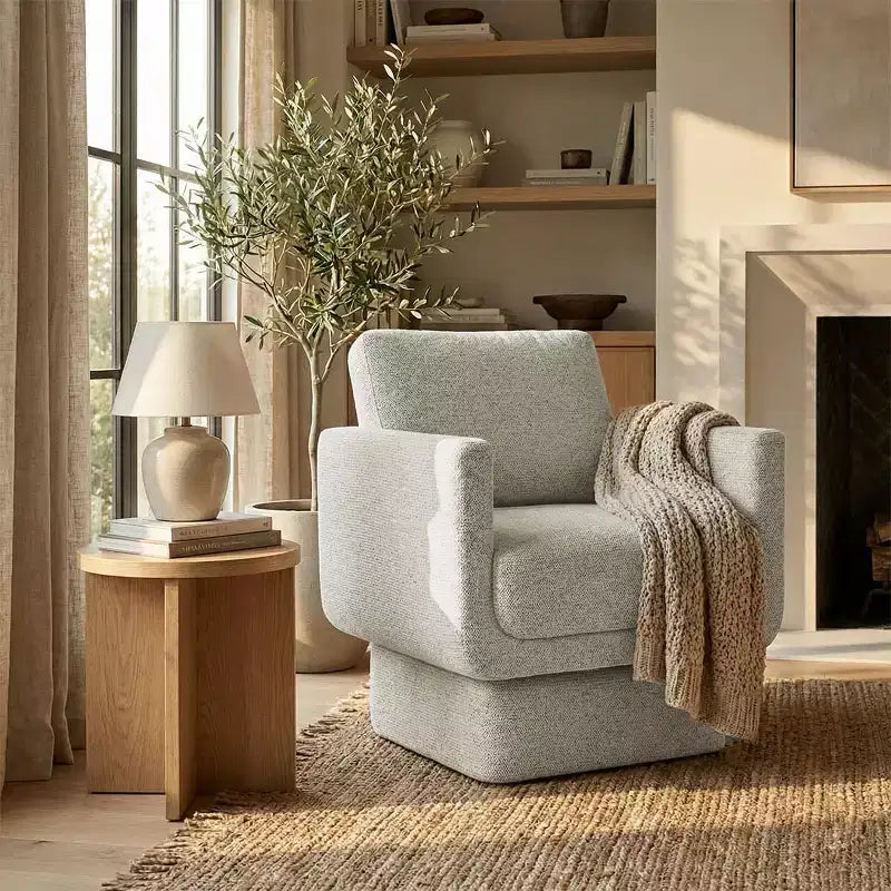 Modern Beige Chenille Swivel Accent Club Chair, 27 Wide Upholstered Square Armchair with 6.5 Thick Seat Cushion - Panipeachy