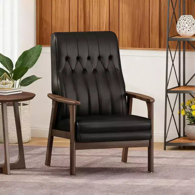Mid Century Modern Upholstered Accent Chair, Matte Black Faux Leather