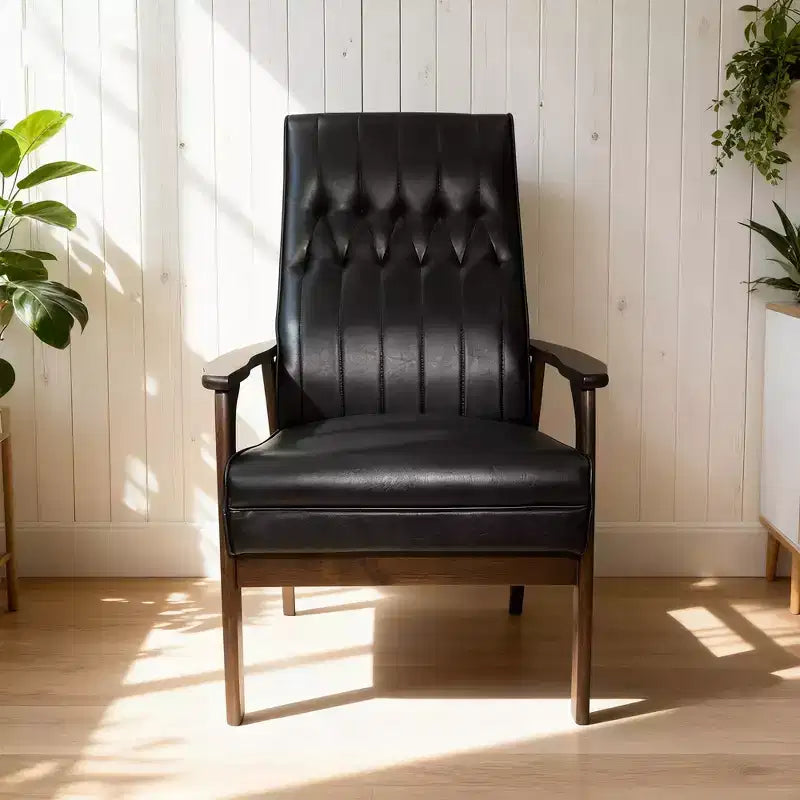 Mid Century Modern Upholstered Accent Chair, Matte Black Faux Leather