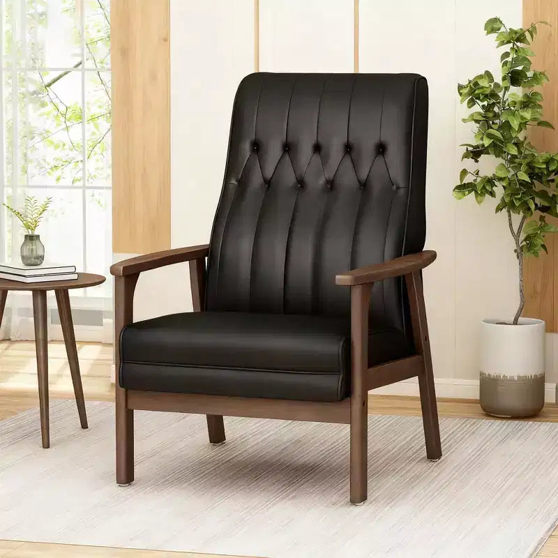 Mid Century Modern Upholstered Accent Chair, Matte Black Faux Leather