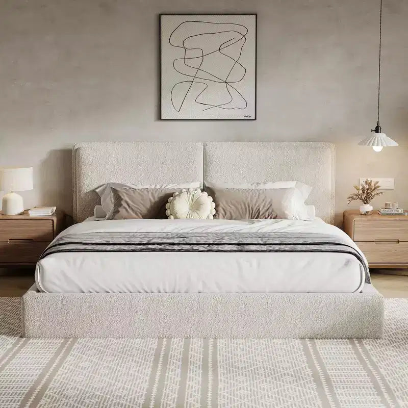 King Size Upholstered Bed Frame, Double-Pillow Platform Bed with Skin-Friendly Textured Fabric, Beige+Cream - ModernLuxe