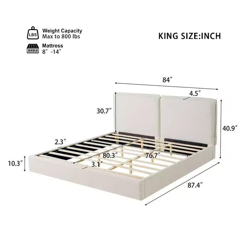 King Size Upholstered Bed Frame, Double-Pillow Platform Bed with Skin-Friendly Textured Fabric, Beige+Cream - ModernLuxe