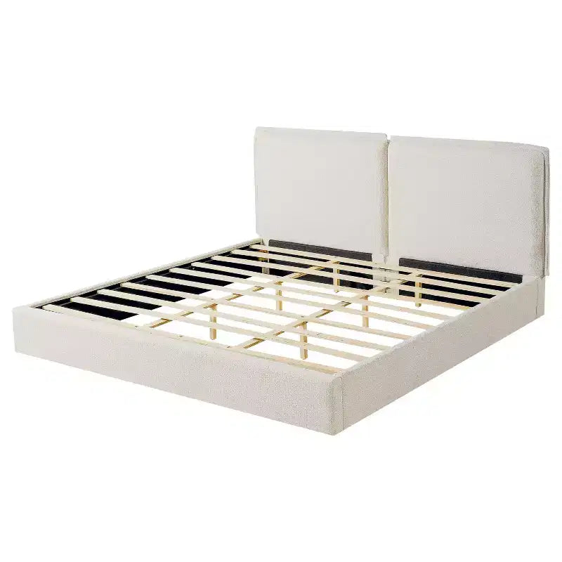 King Size Upholstered Bed Frame, Double-Pillow Platform Bed with Skin-Friendly Textured Fabric, Beige+Cream - ModernLuxe