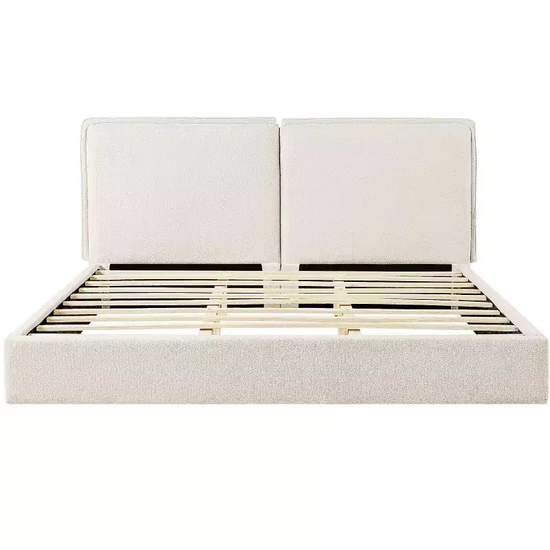 King Size Upholstered Bed Frame, Double-Pillow Platform Bed with Skin-Friendly Textured Fabric, Beige+Cream - ModernLuxe