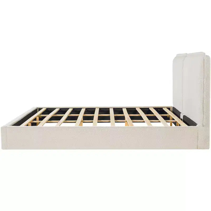 King Size Upholstered Bed Frame, Double-Pillow Platform Bed with Skin-Friendly Textured Fabric, Beige+Cream - ModernLuxe