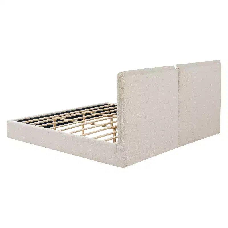 King Size Upholstered Bed Frame, Double-Pillow Platform Bed with Skin-Friendly Textured Fabric, Beige+Cream - ModernLuxe