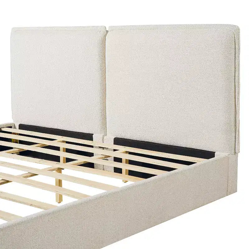 King Size Upholstered Bed Frame, Double-Pillow Platform Bed with Skin-Friendly Textured Fabric, Beige+Cream - ModernLuxe