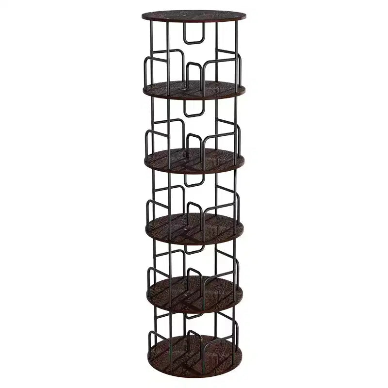 VIYET 62 5-Tier 360 Rotating Bookshelf Tower, Walnut Brown MDF+Iron Narrow Tall Spinning Bookcase (Space-Saving Storage Organizer)
