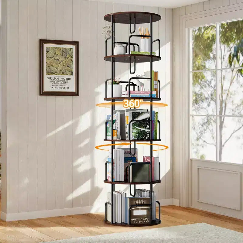 VIYET 62 5-Tier 360 Rotating Bookshelf Tower, Walnut Brown MDF+Iron Narrow Tall Spinning Bookcase (Space-Saving Storage Organizer)