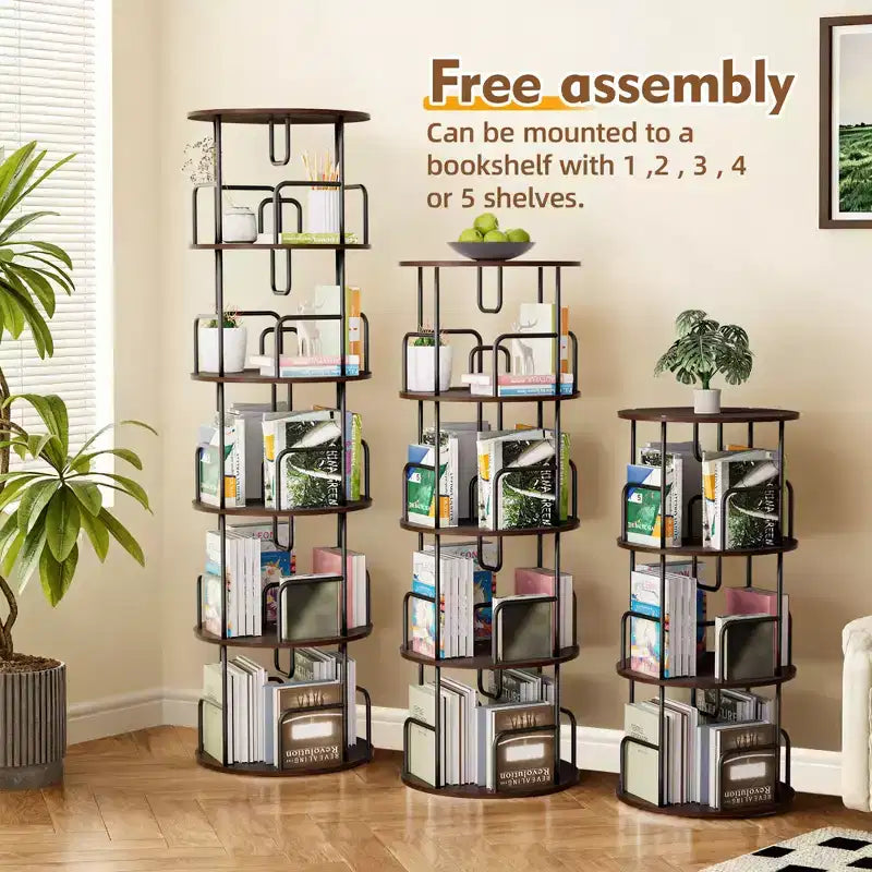 VIYET 62 5-Tier 360 Rotating Bookshelf Tower, Walnut Brown MDF+Iron Narrow Tall Spinning Bookcase (Space-Saving Storage Organizer)
