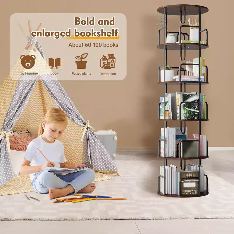 VIYET 62 5-Tier 360 Rotating Bookshelf Tower, Walnut Brown MDF+Iron Narrow Tall Spinning Bookcase (Space-Saving Storage Organizer)