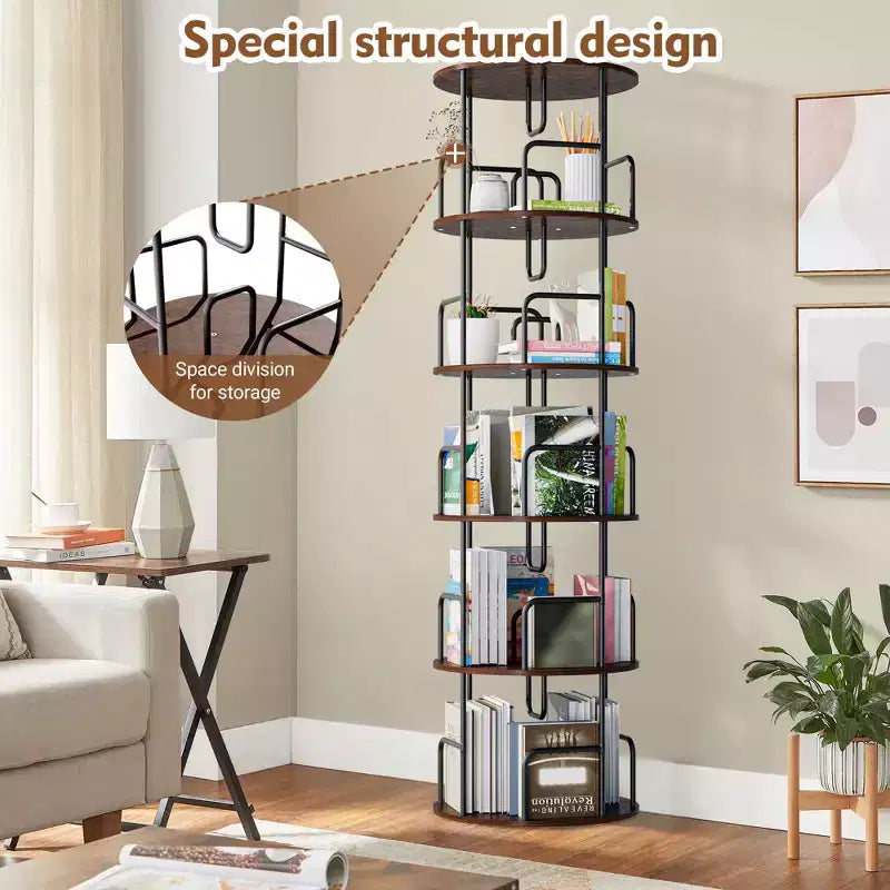 VIYET 62 5-Tier 360 Rotating Bookshelf Tower, Walnut Brown MDF+Iron Narrow Tall Spinning Bookcase (Space-Saving Storage Organizer)
