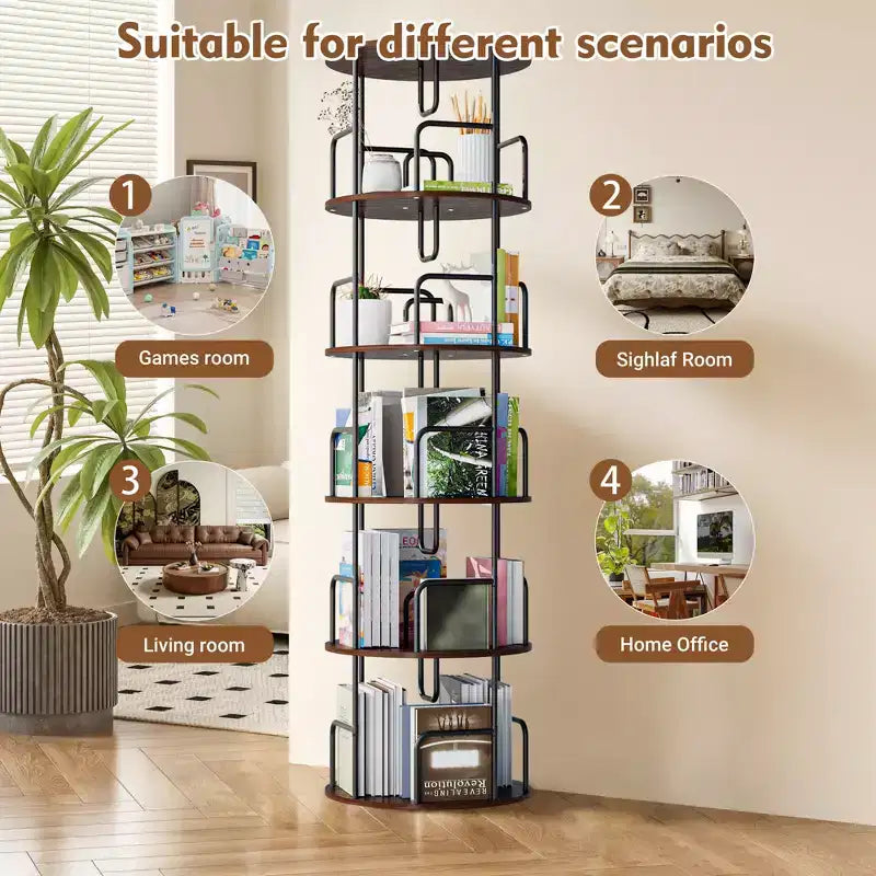 VIYET 62 5-Tier 360 Rotating Bookshelf Tower, Walnut Brown MDF+Iron Narrow Tall Spinning Bookcase (Space-Saving Storage Organizer)
