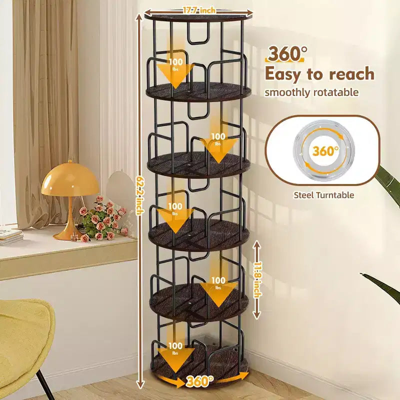 VIYET 62 5-Tier 360 Rotating Bookshelf Tower, Walnut Brown MDF+Iron Narrow Tall Spinning Bookcase (Space-Saving Storage Organizer)