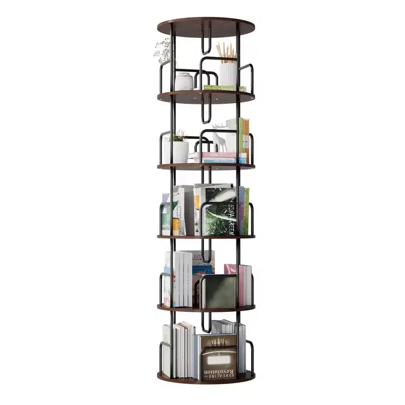 VIYET 62 5-Tier 360 Rotating Bookshelf Tower, Walnut Brown MDF+Iron Narrow Tall Spinning Bookcase (Space-Saving Storage Organizer)