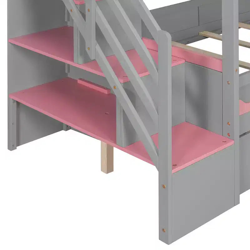 Twin Over Twin Bunk Bed Playful Kids House Bed with LED Lights, Storage Drawers & Staircase - ModernLuxe
