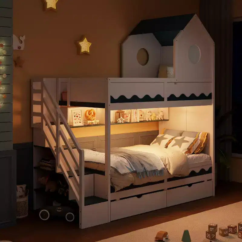 Twin Over Twin Bunk Bed Playful Kids House Bed with LED Lights, Storage Drawers & Staircase - ModernLuxe