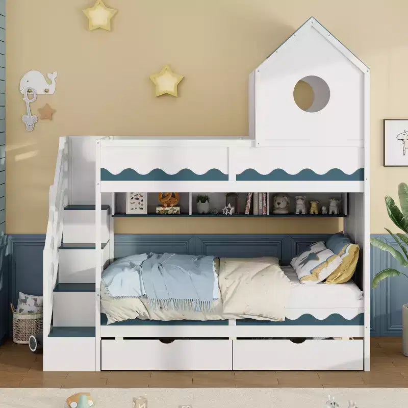 Twin Over Twin Bunk Bed Playful Kids House Bed with LED Lights, Storage Drawers & Staircase - ModernLuxe