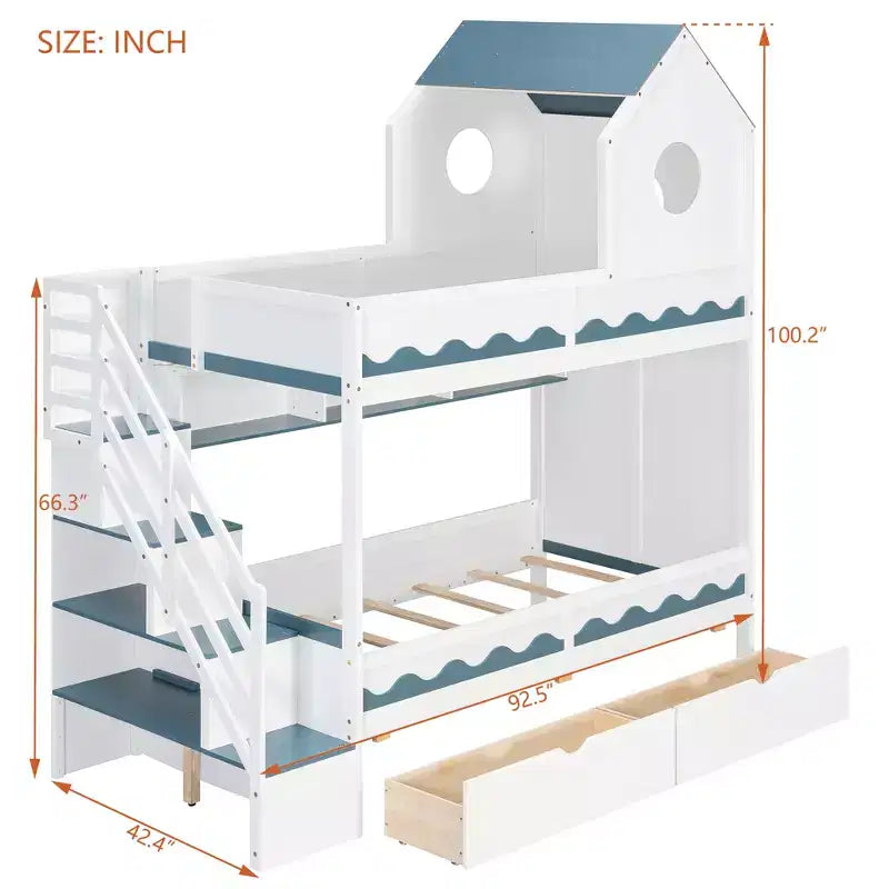 Twin Over Twin Bunk Bed Playful Kids House Bed with LED Lights, Storage Drawers & Staircase - ModernLuxe
