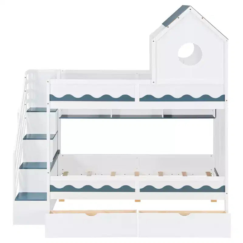 Twin Over Twin Bunk Bed Playful Kids House Bed with LED Lights, Storage Drawers & Staircase - ModernLuxe