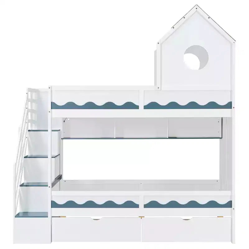 Twin Over Twin Bunk Bed Playful Kids House Bed with LED Lights, Storage Drawers & Staircase - ModernLuxe