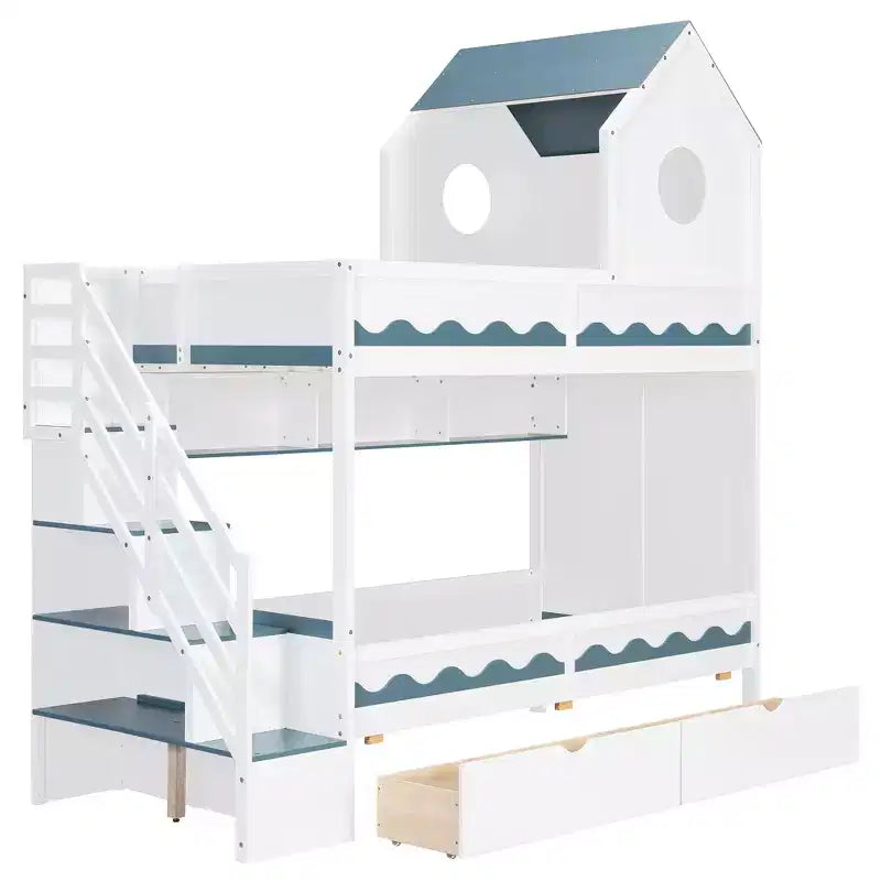 Twin Over Twin Bunk Bed Playful Kids House Bed with LED Lights, Storage Drawers & Staircase - ModernLuxe