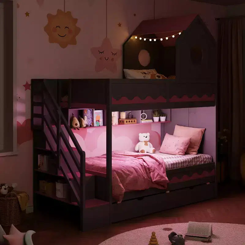 Twin Over Twin Bunk Bed Playful Kids House Bed with LED Lights, Storage Drawers & Staircase - ModernLuxe