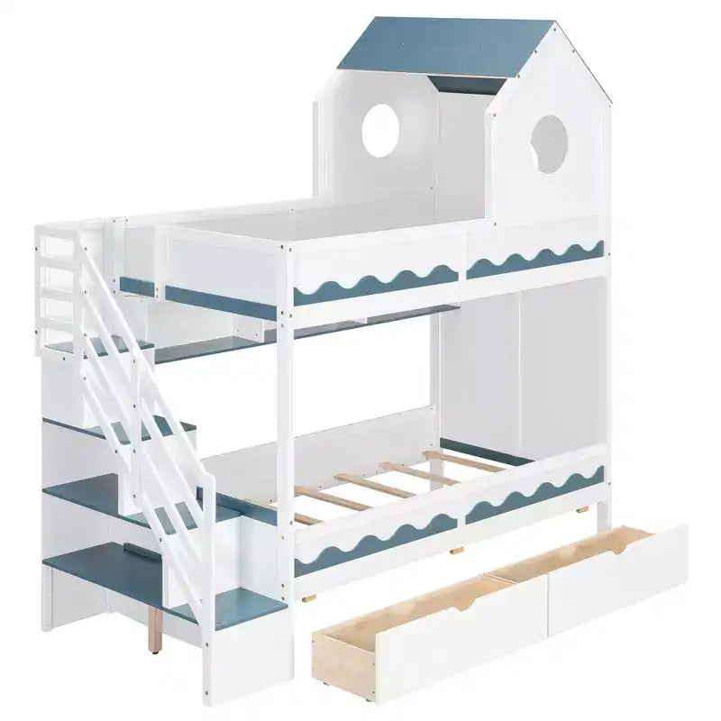 Twin Over Twin Bunk Bed Playful Kids House Bed with LED Lights, Storage Drawers & Staircase - ModernLuxe