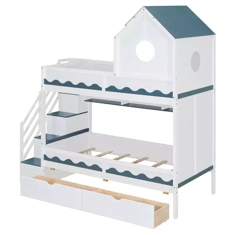 Twin Over Twin Bunk Bed Playful Kids House Bed with LED Lights, Storage Drawers & Staircase - ModernLuxe