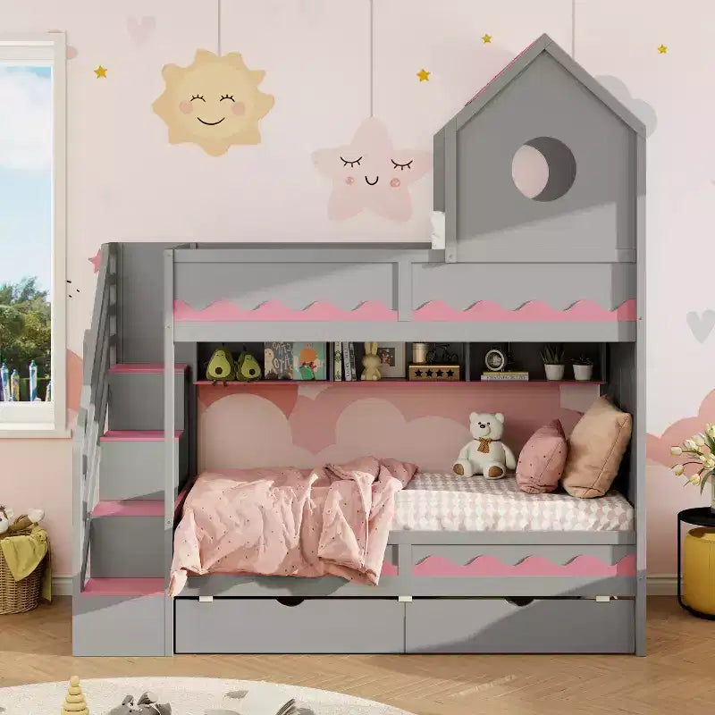 Twin Over Twin Bunk Bed Playful Kids House Bed with LED Lights, Storage Drawers & Staircase - ModernLuxe