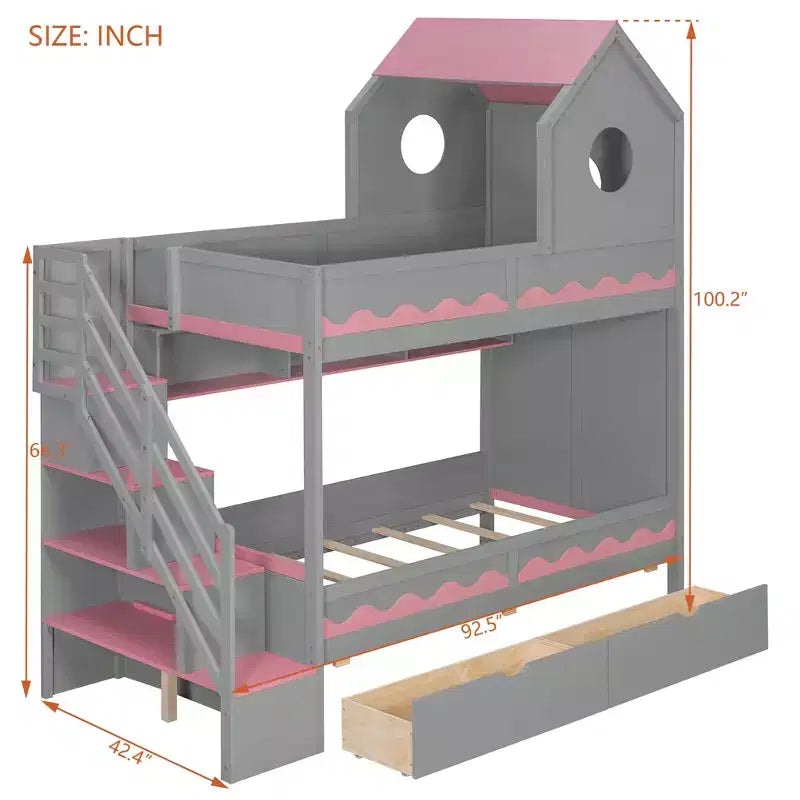 Twin Over Twin Bunk Bed Playful Kids House Bed with LED Lights, Storage Drawers & Staircase - ModernLuxe