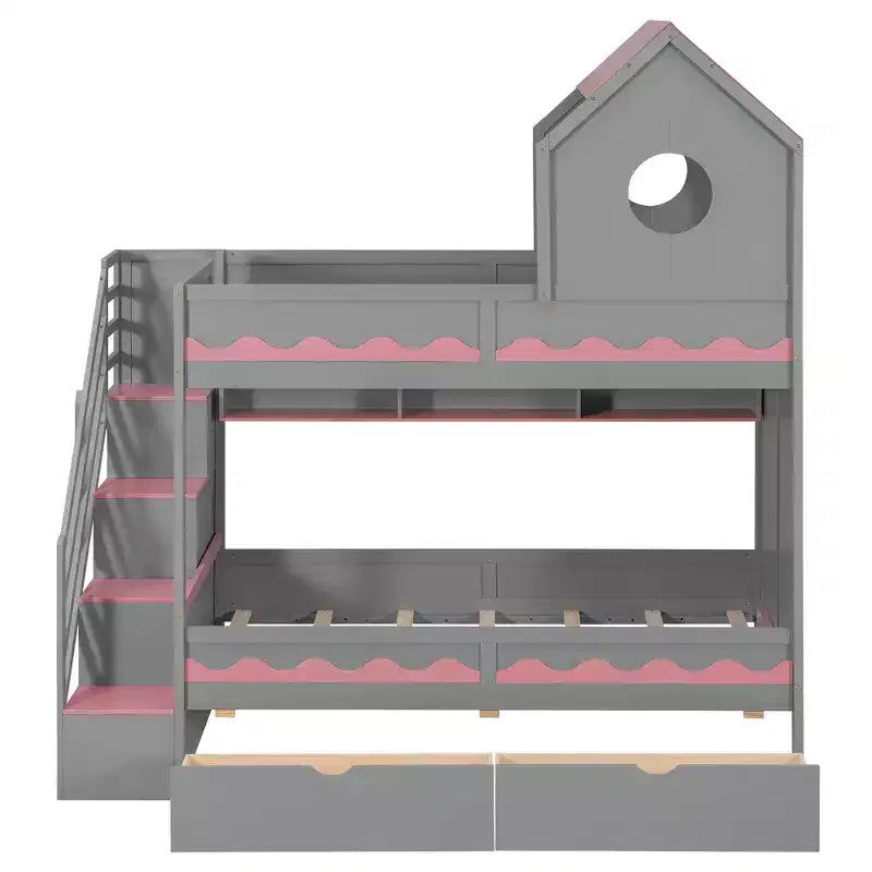 Twin Over Twin Bunk Bed Playful Kids House Bed with LED Lights, Storage Drawers & Staircase - ModernLuxe