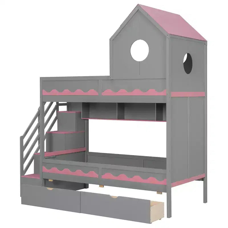 Twin Over Twin Bunk Bed Playful Kids House Bed with LED Lights, Storage Drawers & Staircase - ModernLuxe