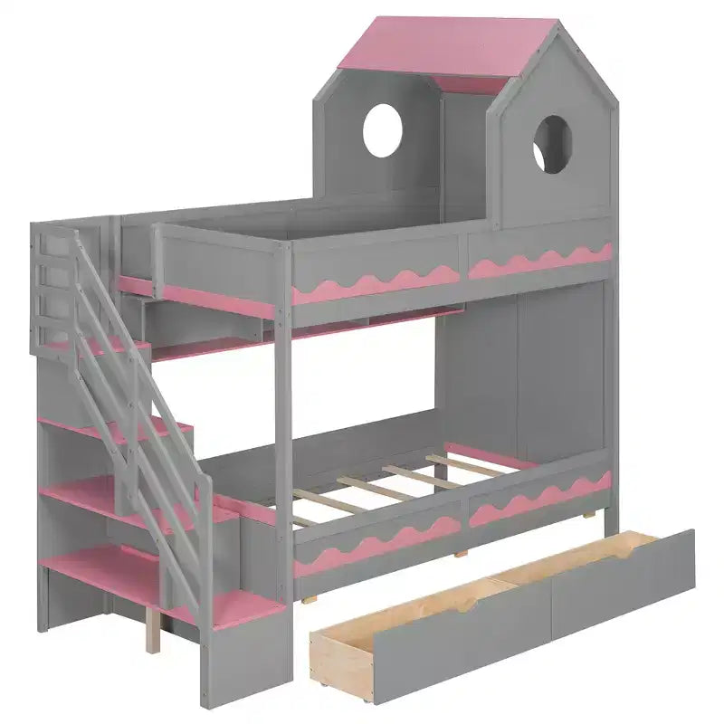 Twin Over Twin Bunk Bed Playful Kids House Bed with LED Lights, Storage Drawers & Staircase - ModernLuxe