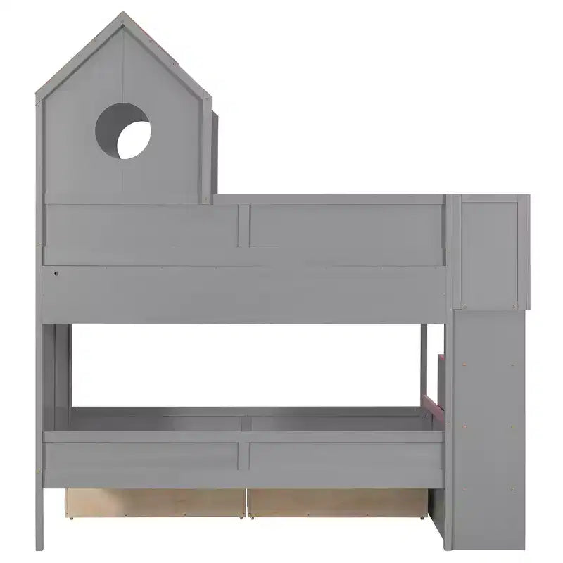 Twin Over Twin Bunk Bed Playful Kids House Bed with LED Lights, Storage Drawers & Staircase - ModernLuxe
