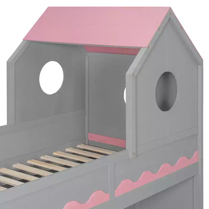 Twin Over Twin Bunk Bed Playful Kids House Bed with LED Lights, Storage Drawers & Staircase - ModernLuxe