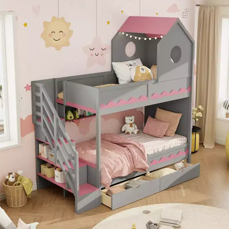 Twin Over Twin Bunk Bed Playful Kids House Bed with LED Lights, Storage Drawers & Staircase - ModernLuxe