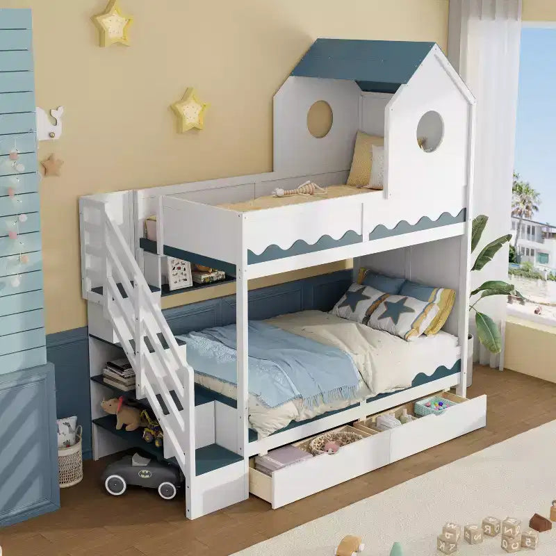 Twin Over Twin Bunk Bed Playful Kids House Bed with LED Lights, Storage Drawers & Staircase - ModernLuxe