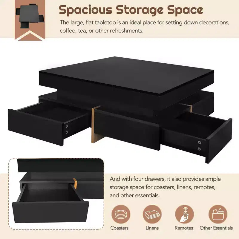 Homy Casa Modern High Gloss Square Coffee Table with Layered Design and Gold Accents for Living Room or Lounge