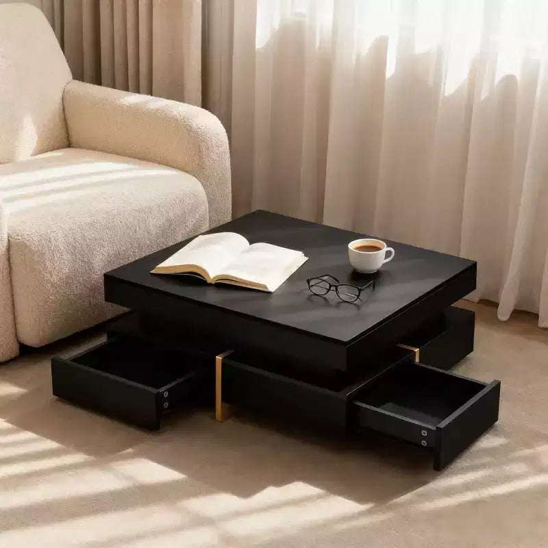 Homy Casa Modern High Gloss Square Coffee Table with Layered Design and Gold Accents for Living Room or Lounge