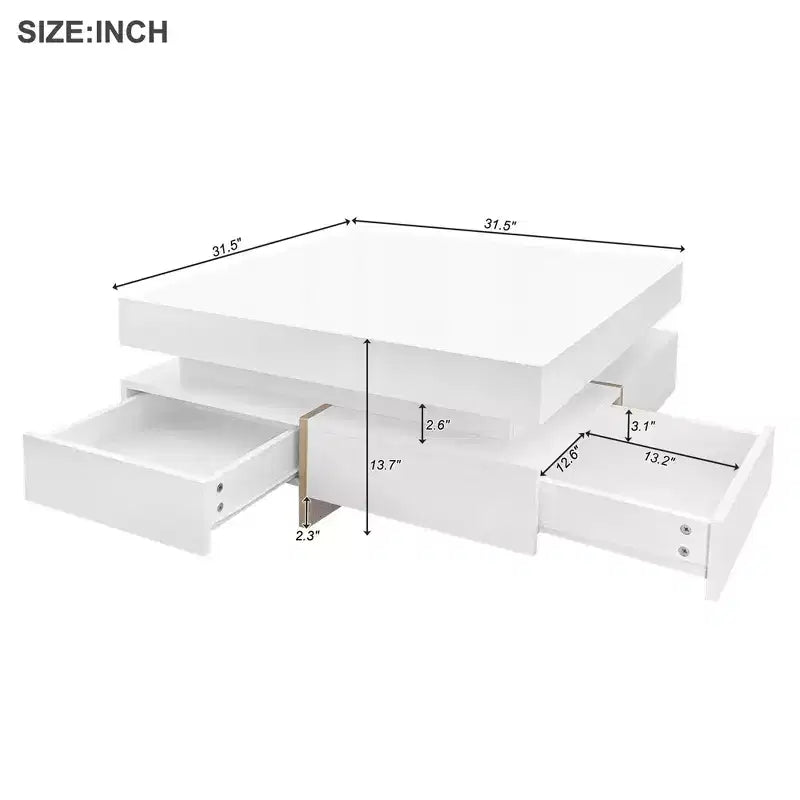 Homy Casa Modern High Gloss Square Coffee Table with Layered Design and Gold Accents for Living Room or Lounge