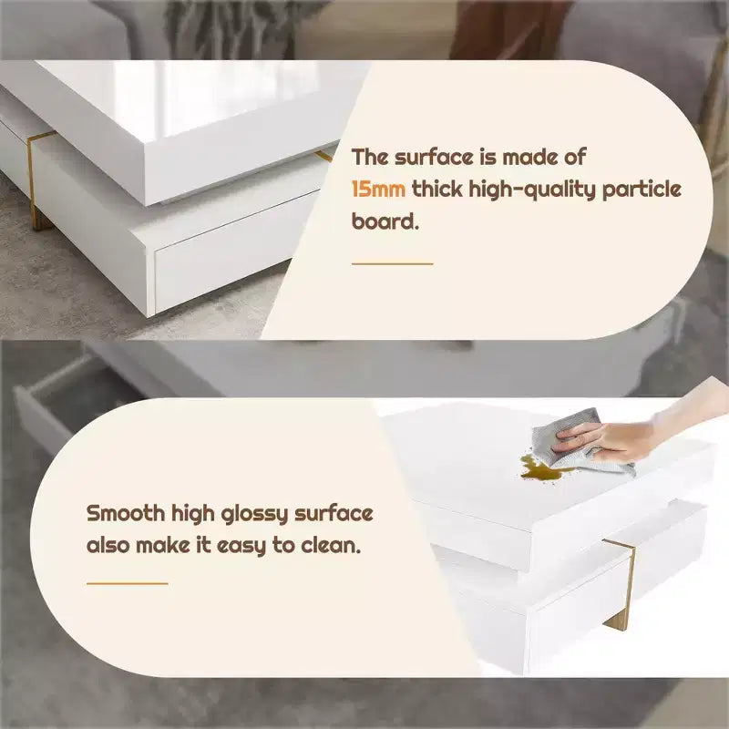 Homy Casa Modern High Gloss Square Coffee Table with Layered Design and Gold Accents for Living Room or Lounge