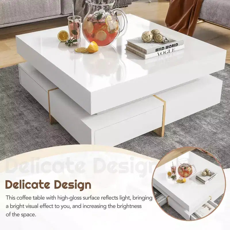 Homy Casa Modern High Gloss Square Coffee Table with Layered Design and Gold Accents for Living Room or Lounge