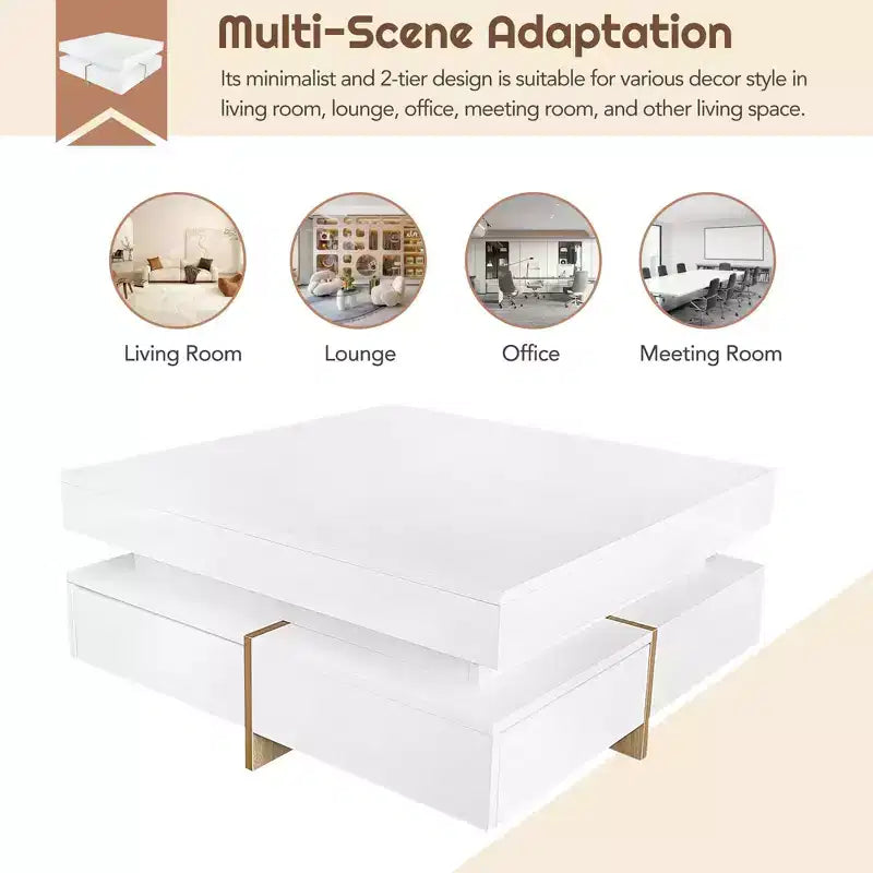 Homy Casa Modern High Gloss Square Coffee Table with Layered Design and Gold Accents for Living Room or Lounge